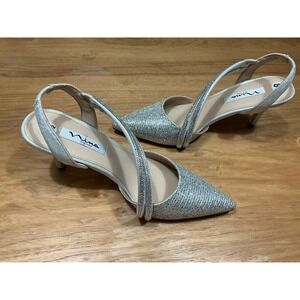 Nina New York Silver Glitter Rhinestone Slingback Kitten Heels Pointed Toe 8.5M